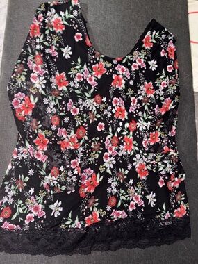 No Boundaries Black Floral Scoop Neck Blouse with Red & Pink Flowers
